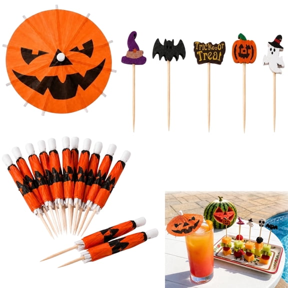 150Pcs Summerween Halloween Cocktail Picks and Drink Umbrellas Set, Bamboo Toothpicks Cupcake Toppers for Appetizers, Fruit, Drinks and Party Decorations