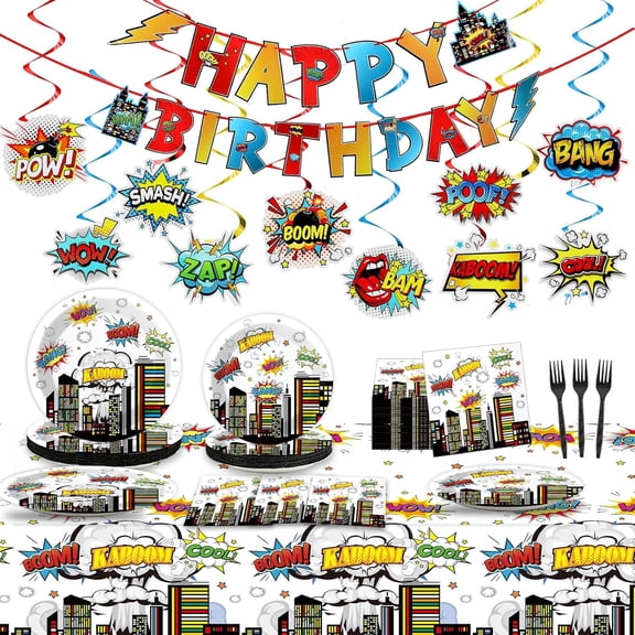 150Pcs Super Theme Hero Party Decorations Comic Heroes Birthday tableware Set Cityscape Buildings Party Plates Napkins Tablecloth Banner Hanging Swirls for Kids Boys Birthdays Favor Baby Shower Decor