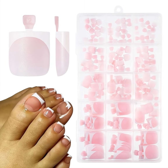 150Pcs Toe Press On Nails, French Tips Square False Toenails, Pink Gel Full Cover Acrylic Tips, Pre-Designed Removable Toenail Extensions for DIY Pedicure