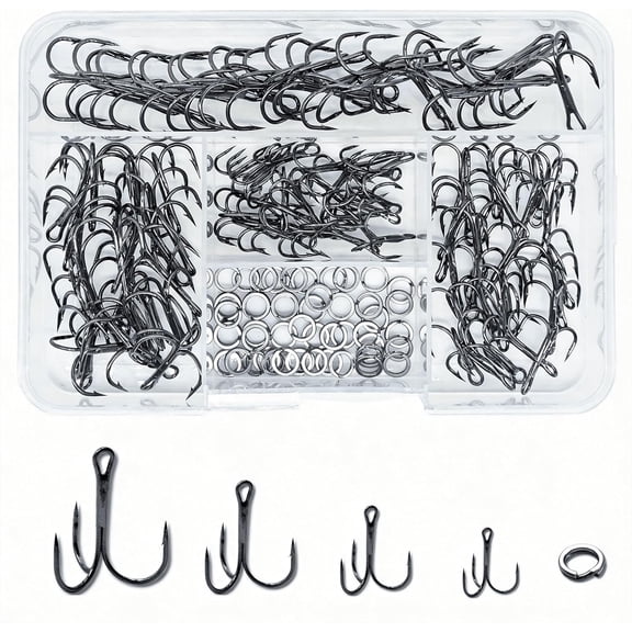 150Pcs Treble Hooks Set, High Carbon Steel Fishing Hooks Replacement Kit - Extra Sharp Round Bend Treble Fishing Hooks with Split Rings for Lure, Saltwater & Freshwater, Bass Fishing Size 2# 4# 6# 8#