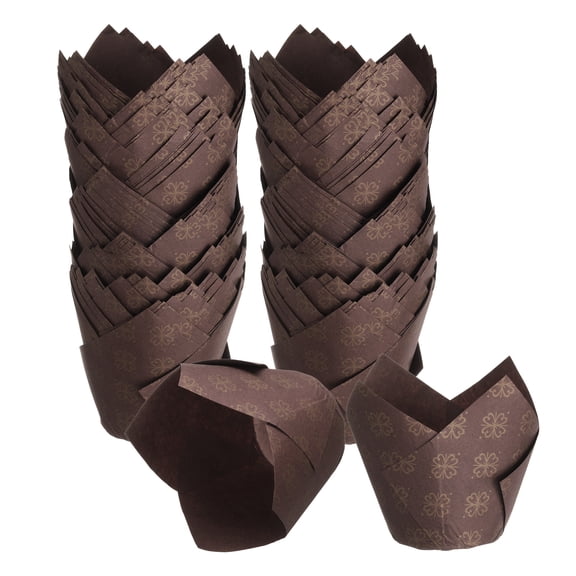 150Pcs Tulip Baking Cups Cupcake Muffins Liners Paper Greaseproof Wrappers for Wedding Birthday, (Gold Flower, Coffee)