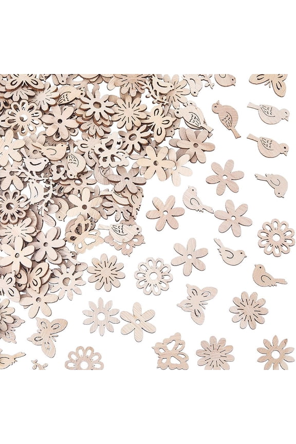 150Pcs Undyed Wood Pendants Beads Cabochons Mixed Shapes BurlyWood 20~28x23~34x2~2.5mm Hole: 1~5.5mm for Handmade