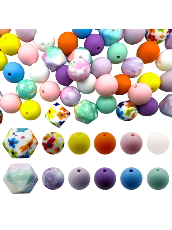 150Pcs Watercolor Printed Silicone Beads Bulk, Mixed Hexagon & Round Silicone Beads, Floral Star print Silicone Beads for DIY Bracelet, Keychain, Pacifier Clip, Jewelry Making Craft Supp