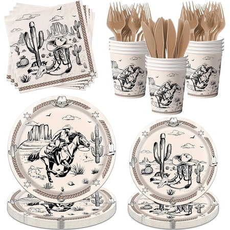 150Pcs Western Paper Plates and Napkins Set Cowboy Party Decorations Wild West First Rodeo Birthday Bachelorette Themed Tableware for 25 Guests