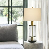150W 3 Way Morrilton Glass Table Lamp With Wood Pole And Hardback Taper Drum Fabric Shade, Glass - Light Oak