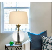 150W 3 Way Moxee Glass, Metal Table Lamp With Hardback Taper Drum Fabric Shade, Glass - Antique Brass