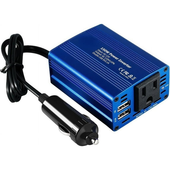 150W Car Power Inverter 12V DC to 110V AC Converter Vehicle Adapter Plug Outlet with 3.1A Dual USB Car Charger for Laptop Computer (Classic Blue)