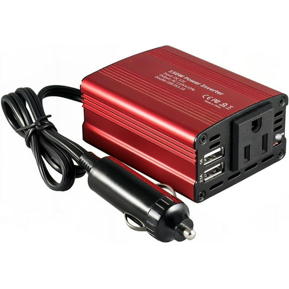 150W Car Power Inverter 12V DC to 110V AC Converter Vehicle Adapter Plug Outlet with 3.1A Dual USB Car Charger for Laptop Computer (Classic Red)