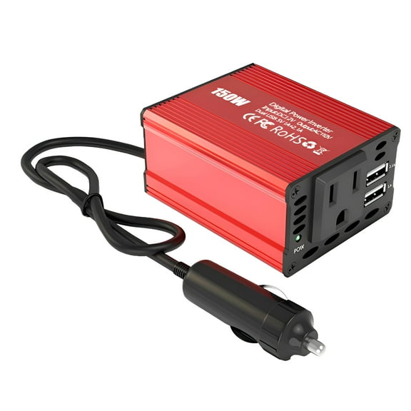 150W Car Power Inverter 12V DC to 110V AC Converter Vehicle Adapter Plug Outlet with 3.1A Dual USB Car Charger for Laptop Computer (Classic Red)