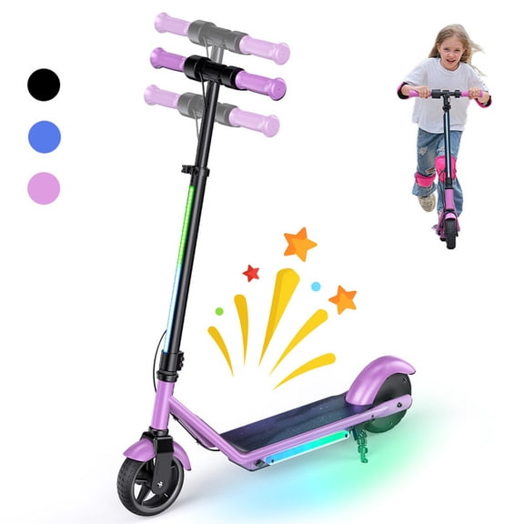 150W Electric Scooter Kids 6-12, 10 MPH Max, 3-Heights & 3-Speed, Dual Brake, Magnetic Charging, Colorful Lights, LCD Display, 6'' Tires Kids Scooter Gift for Boys Girls Purple