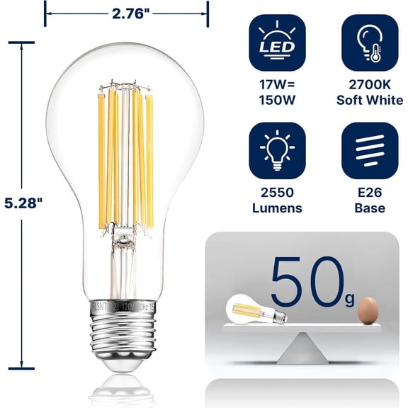 150W Equivalent A23 LED Light Bulbs, Efficient 17W, 2550Lumens, 2700K Soft White, CRI82, E26 Medium Base LED Filament Light Bulbs, Clear Glass, 4 Pack, Non-Dimmable