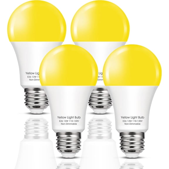 150W Equivalent Yellow LED Bug Light Bulbs Outside, A19 LED Yellow Bug Bulb Outdoor, 13W Amber Porch Light Bulb, E26 Base, Not-Dimmable, Ideal for Halloween, Patio, Deck, Backyard, 4 Pack