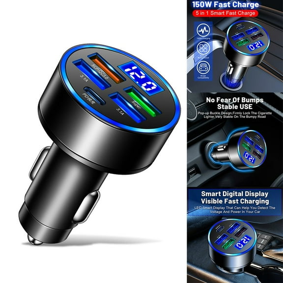 150W Fast Car Charger 4 USB Port + Type C Socket Adapter