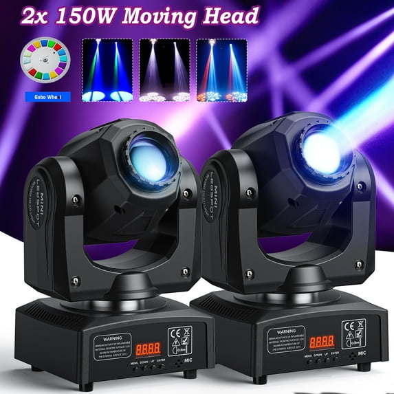 2-Pack 150W RGBW Moving Head Lights, 8 Gobos & 8 Colors, DMX/Sound Active for DJ Stage Party Lighting