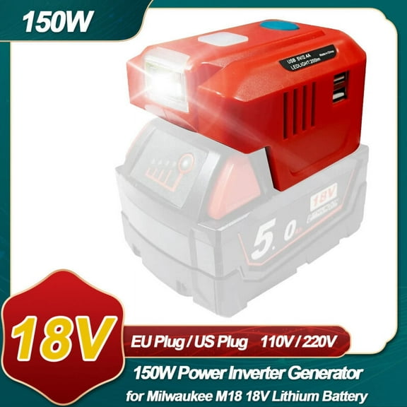 150W Phone Charger Adapter for Milwaukee M18 18V, URUN DC 18V to AC 120V Power Inverter Generator, Top Off Inverter Power Supply for Milwaukee with USB Port & LED Light & AC Outlet(No Battery)