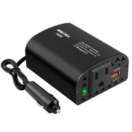 150W  Power Inverter DC 12V to 110V AC Car Plug Outlet Adapter with PD 25W USB C& QC 3.0 Car Laptop Charger-Black