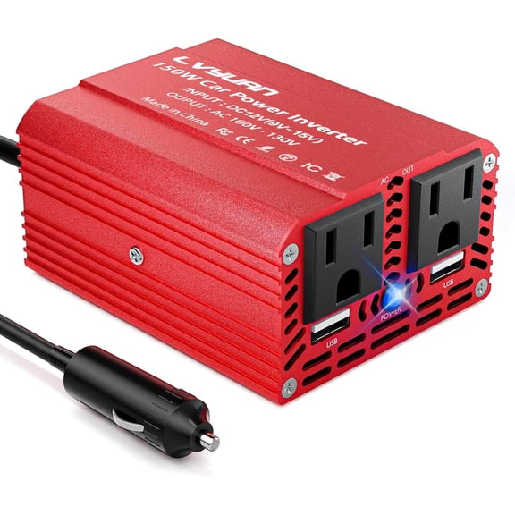150W Power Inverter, Inverter 12V DC to 110V AC Car Plug in Adapter Outlet Dual 6.2A Charging USB Vehicle Converter for Phone, Laptops, Road Trip Charger