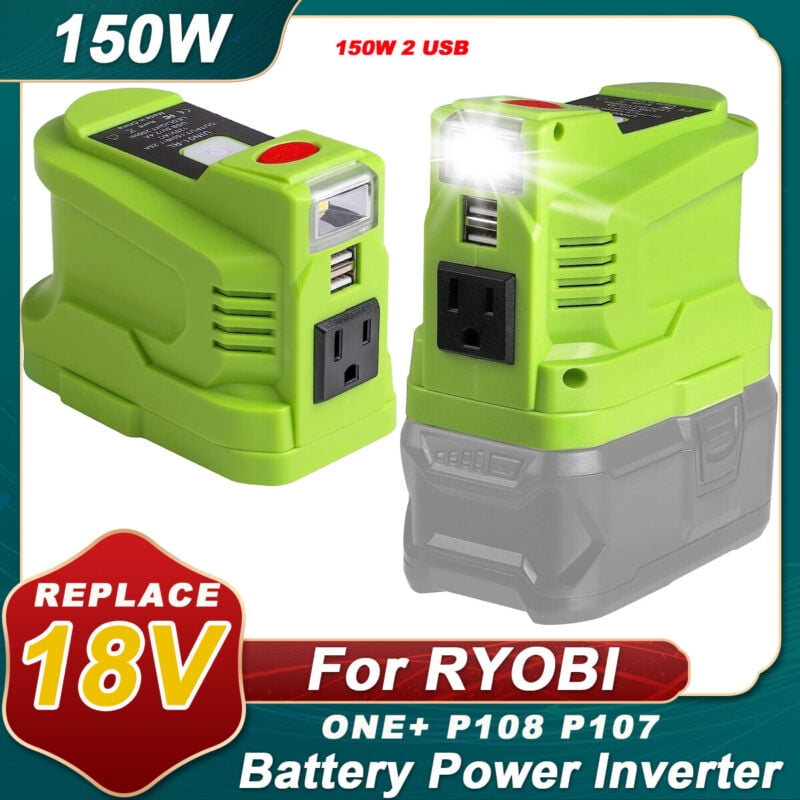 150W Power Supply Inverter for Ryobi 18V, TEPULAS DC 18V to AC 120V Power Inverter Generator, Power Source USB Phone Charger Adapter for Ryobi w/AC Outlet & LED Light (No Battery)