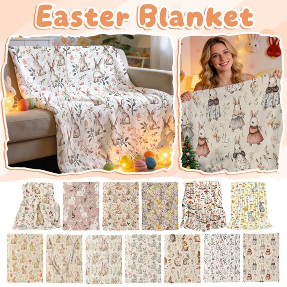 150X200Cm Easter Flannel Blanket With Bunny & Flower Digital Print, Soft Comfortable Flannel Material, Indoor Outdoor Use For Home Nap Car Camping - Multi Occasion Gift For Mum
