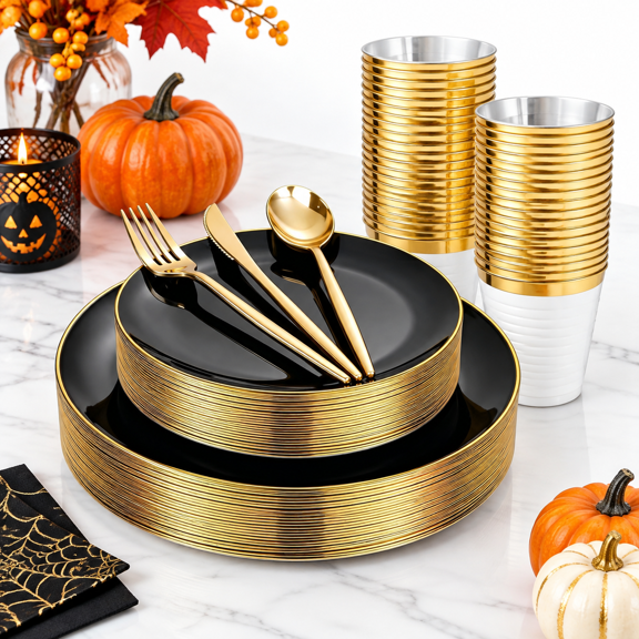 150black And Plastic Plates - Dinnerware Set Disposable Include 25 Dinner / 25 Dessert 25 25s 25 Spoons 25 Cups Ideal For Party &