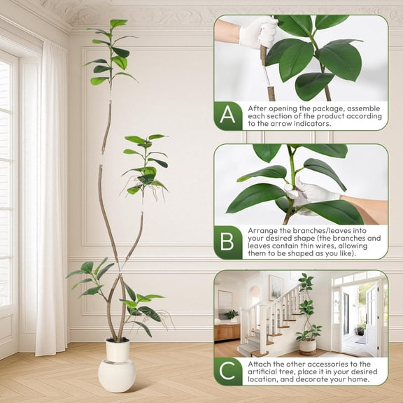 150cm/180cm/210cm Tropical Artificial Ficus Tree with Sphere Resin Planter & Stone,Large Fake Banyan Plants,Plastic Fiddle Fig Tree Branch,Faux Palm Plant For Home Garden Decor