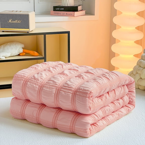 150cm*200cm Blush Pink Bubble Gauze Quilt, Puffy Striped Lightweight Bed Comforter for Bedroom