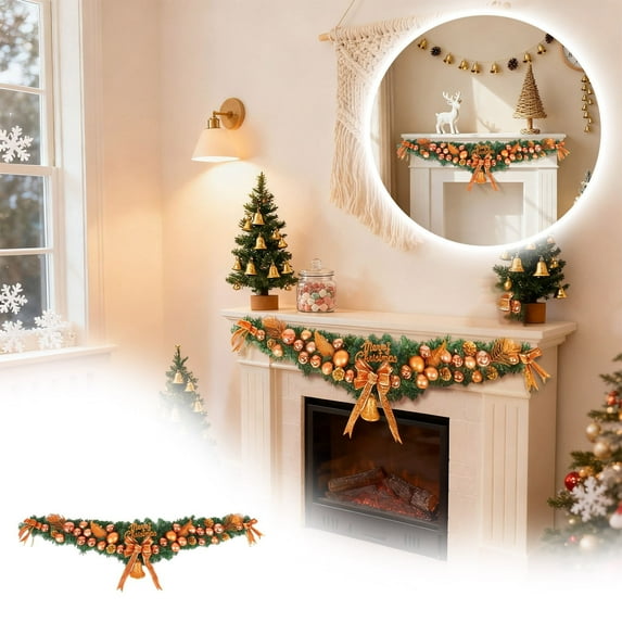 150cm Christmas "Horn" Vine Garland with Painted Balls, Unique Holiday for Mantel Staircase Wall Decor, Indoor Outdoor Festive Decoration(Orange)