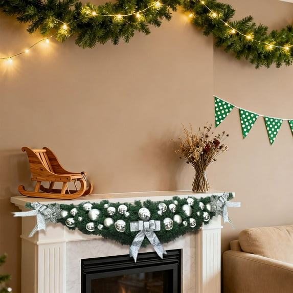 150cm Christmas "Horn" Vine Garland with Painted Balls, Unique Holiday for Mantel Staircase Wall Decor, Indoor Outdoor Festive Decoration(Silver)