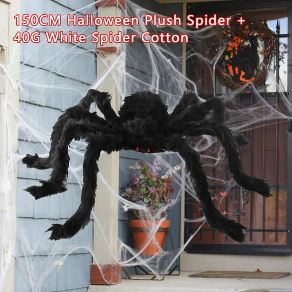 150cm Giant Spider Decorations + 40g Halloween Spider Webs Fake Spider with Huge Spider Web for Indoor Outdoor Halloween Decorations Yard Home Costumes Parties Haunted House Décor