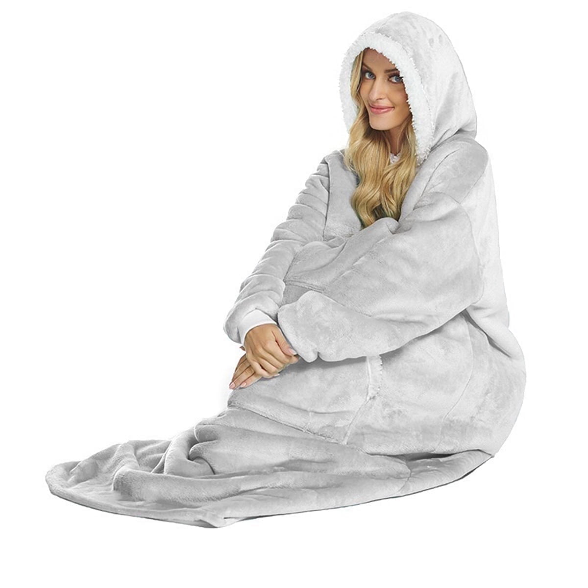 Oversize Wearable Blanket Hoodie, for Adult Sherpa Blanket Hoodie as Gifts for Mom Women, Cozy Sweatshirt Blanket Light Gray