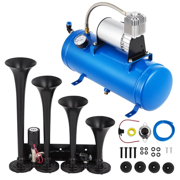 150dB Loud 4-Trumpet Train Air Horn Kit for Truck, SUV, RV, Motorcycle – 12V 150 PSI Compressor with 1.6 Gallon/6L Tank, Inline 4-Speaker Design, Durable Steel Construction