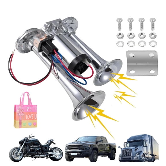 150dB Super Loud Dual Trumpet Air Horn Kit with Built-in Compressor, Complete 24V Train Horn for Truck, Motorcycle, SUV, Pickup, Boat - Waterproof & Durable(XX)