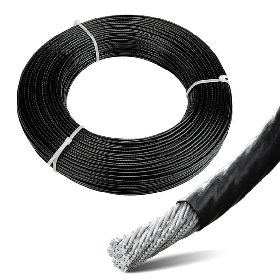 150ft Black Vinyl Coated Wire Rope 3/32" Overmolded to 1/8" Stainless Steel Aircraft Cable 7x7 Strand Outdoor Indoor Cable Wire for Clotheline String Lights Hanging DIY WR11