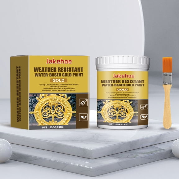 150g Weather Resistant Water-Based Gold Paint with Brush Metallic Gold Acrylic Coating for Wood, Metal, Concrete, Statues, Crafts & Outdoor Decorative Projects