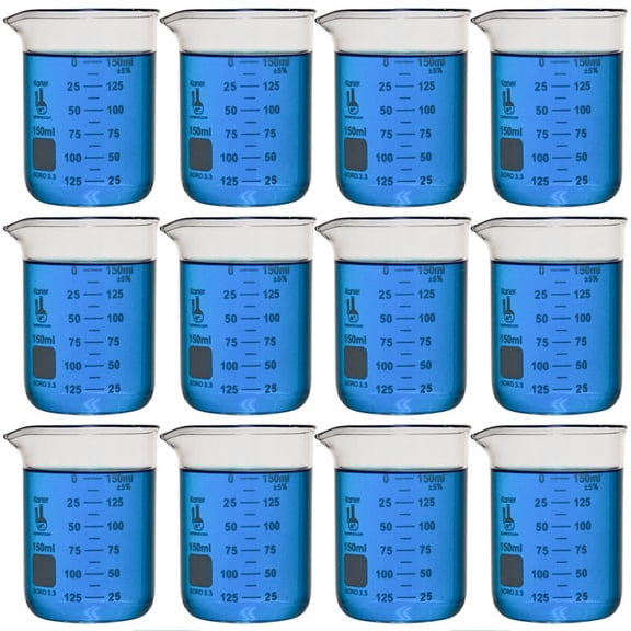 150ml Beaker, Low Form Griffin, Borosilicate 3.3 Glass, Double-Scale Graduations, Karter Scientific 247G3 (Pack 12)