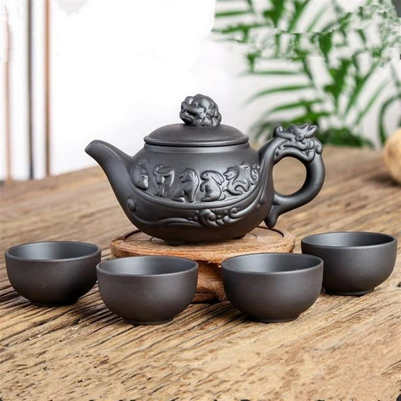 150ml Chinese Kung Fu Set Ceramic Teapots With 4 Tea Cup Sets Handmade Zodiac Yixing Zisha Tea Pot