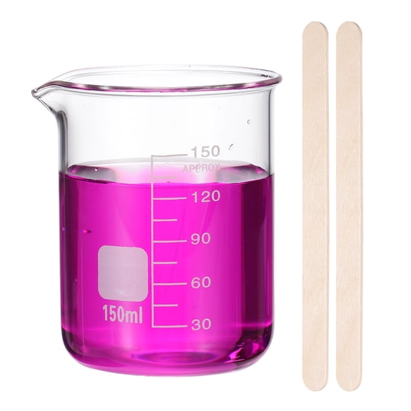 150ml Glass Beaker, Measuring Glass Beaker Graduated Borosilicate Lab Cups Mug Low Form Heat Safe Transparent with 50pcs Wood Sticks for Laboratory Science Kitchen Liquids