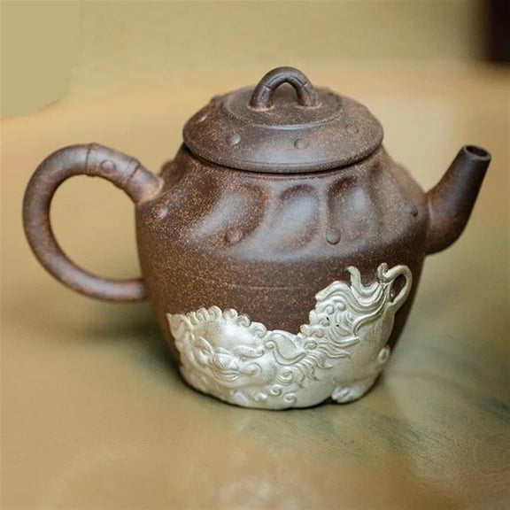 150ml Tea Soaking Kettle With Filter Tea Services Accessories Collection Tracing Silver Awake Lion Teapot Retro Old Rock Mud Pot
