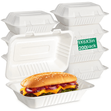9 x 6 Compostable To Go Containers, 200pack Clamshell Take Out Food Container, Disposable To Go Boxes Heavy Duty, Biodegradable Eco Friendly Containers With White Bagasse, White