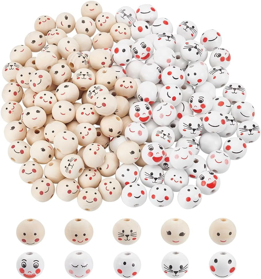 150pcs 20mm Smiling Face Wood Beads 10 Styles Natural Wooden Beads Round Wood Spacer Beads Loose Wooden Beads with 4.5mm Hole for Craft Jewelry Making Bracelets Christmas Tree Decor