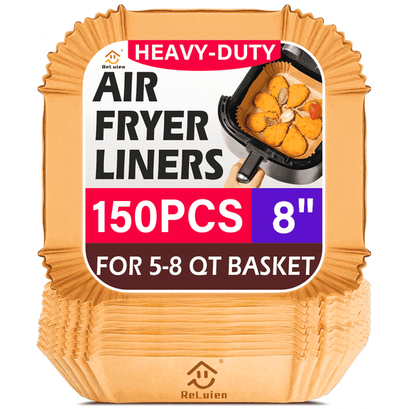 ReLuien 150 Count Square Air Fryer Liners Disposable, 8 inch Parchment Paper Material, Non-Stick, Oil-Resistant