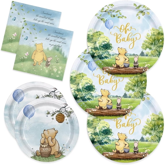 150pcs Bear Baby Shower Decorations Include Plates Napkins for Baby Shower Deco Paper Disposable Tableware Set for Kids Boys Serves 50 People