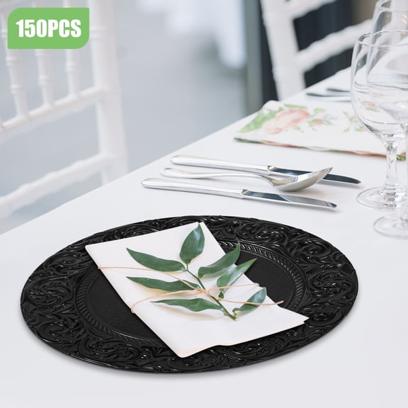 150pcs Black PP 33cm European Retro Pattern Plate Sturdy And Durable Stackable Western Dessert Plate
