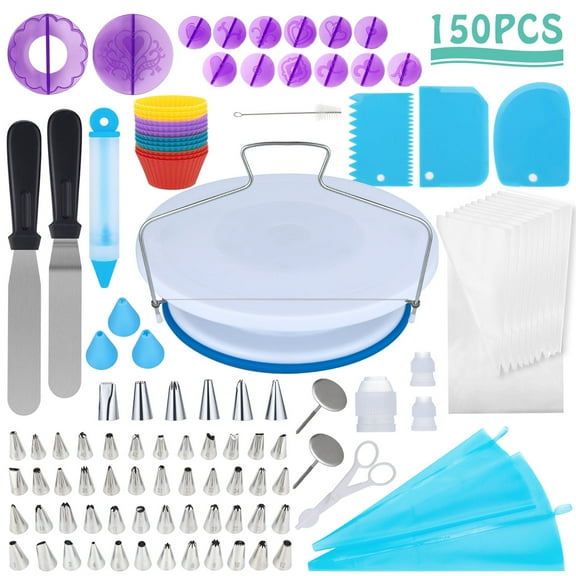 150pcs Cake Decorating Supplies for Beginners,All-in1 Cake Decorating Tools Kit for Baking,Decorating,Equipment Rotating Turntable Stand,Piping Nozzles and Bags,Cake Scrapers,Icing Spatula