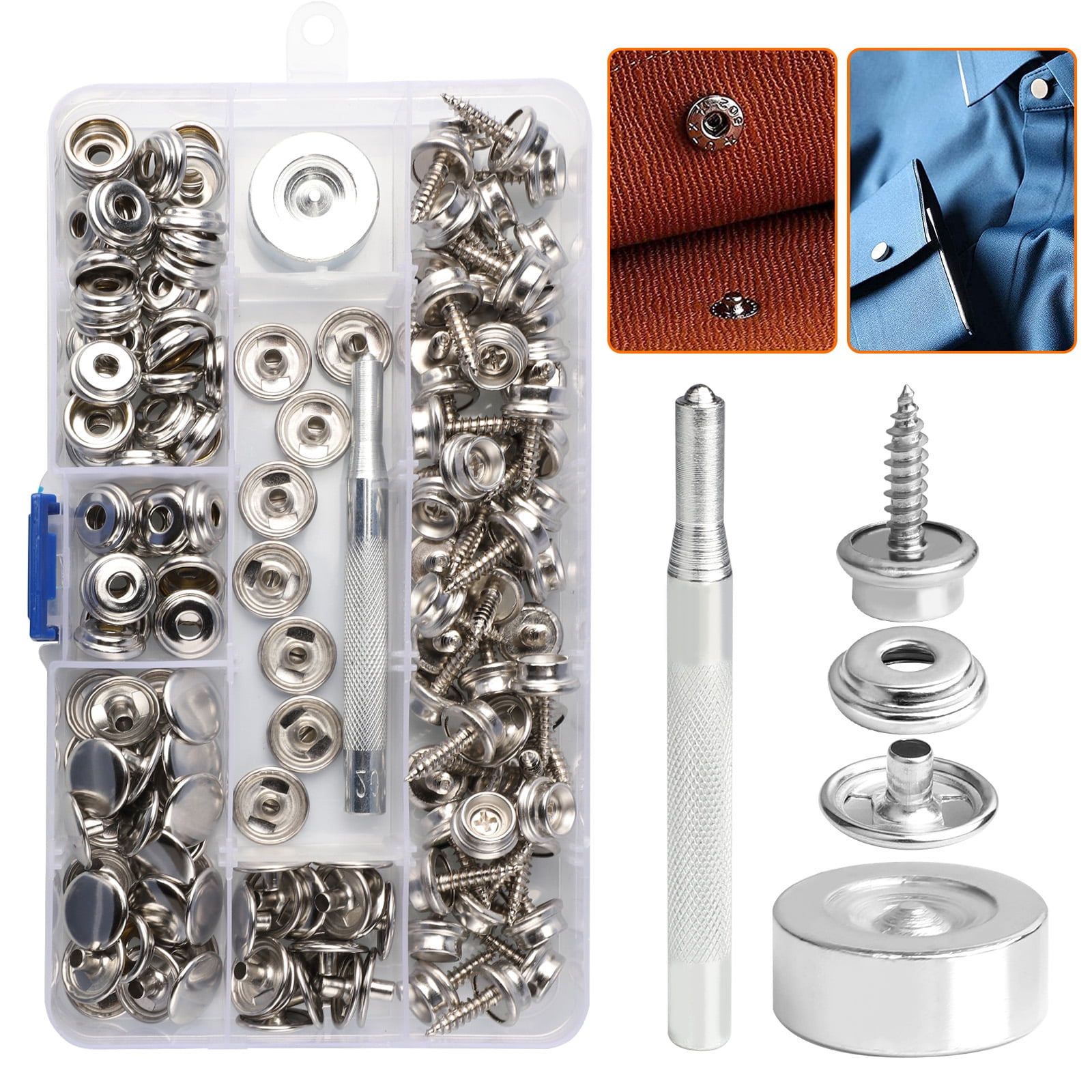 135 PCS Snap Kit Tool Marine Grade Stainless Steel Button Fastener Tool  Replacement Snap with 2Pcs Setting Tools for Boat Cover Furniture  (0.39”0.39)