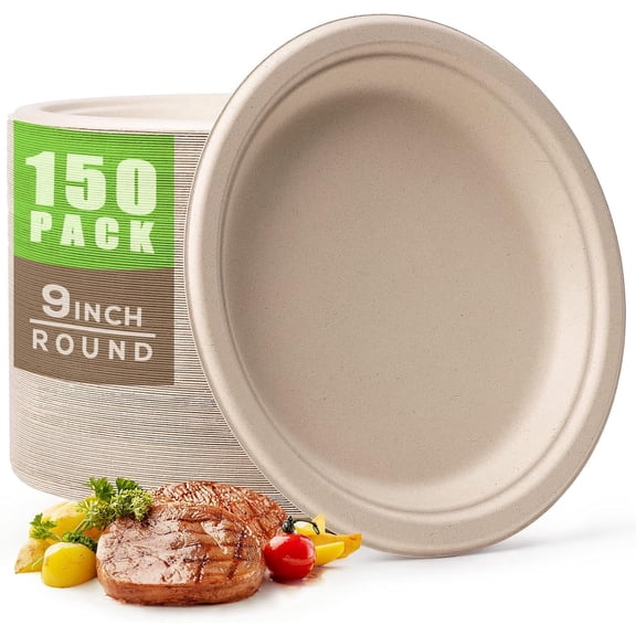 150pcs Compostable Paper Plates 9 Inch Disposable Plates Unbleached Heavy Duty Eco-friendly Sugarcane Fiber Biodegradable Plate for Party Picnic