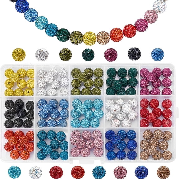150pcs Elegant Rhinestone Beads Kit - Polymer Clay Crystal Round Beads for Jewelry Making, 5 roll rhinestone, DIY Crafts, and Holiday Decorations - 15 Colors, 10mm - for Jewelry Makers & Crafters -