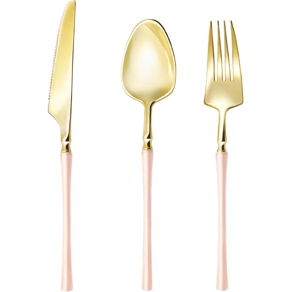 150pcs Gold Plastic Silverware, High End Disposable Cutlery with Pink Handle Include 50 Forks, 50 Spoons, 50 Knives, Perfect for Birthdays, Parties, Weddings, and More