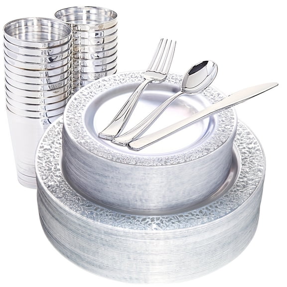 150pcs Golden Plastic Plates, Clear And Golden Silverware & Golden Cups, Lace Design Golden Dinnerware Include: 25 Dinner Plates, 25 Dessert Plates, 25 Cups, 25 Golden Silverware for Wedding, Party