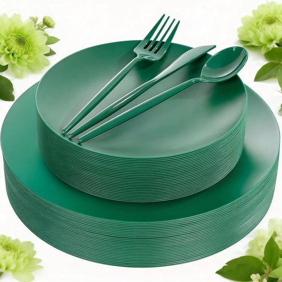 150pcs Green Heavy Duty Disposable Plastic Plates, Fancy Dinnerware Set for Parties, Picnics, Birthdays, Weddings, Afternoon Tea, Spring Events, Soccer Games, Outdoor Gatherings